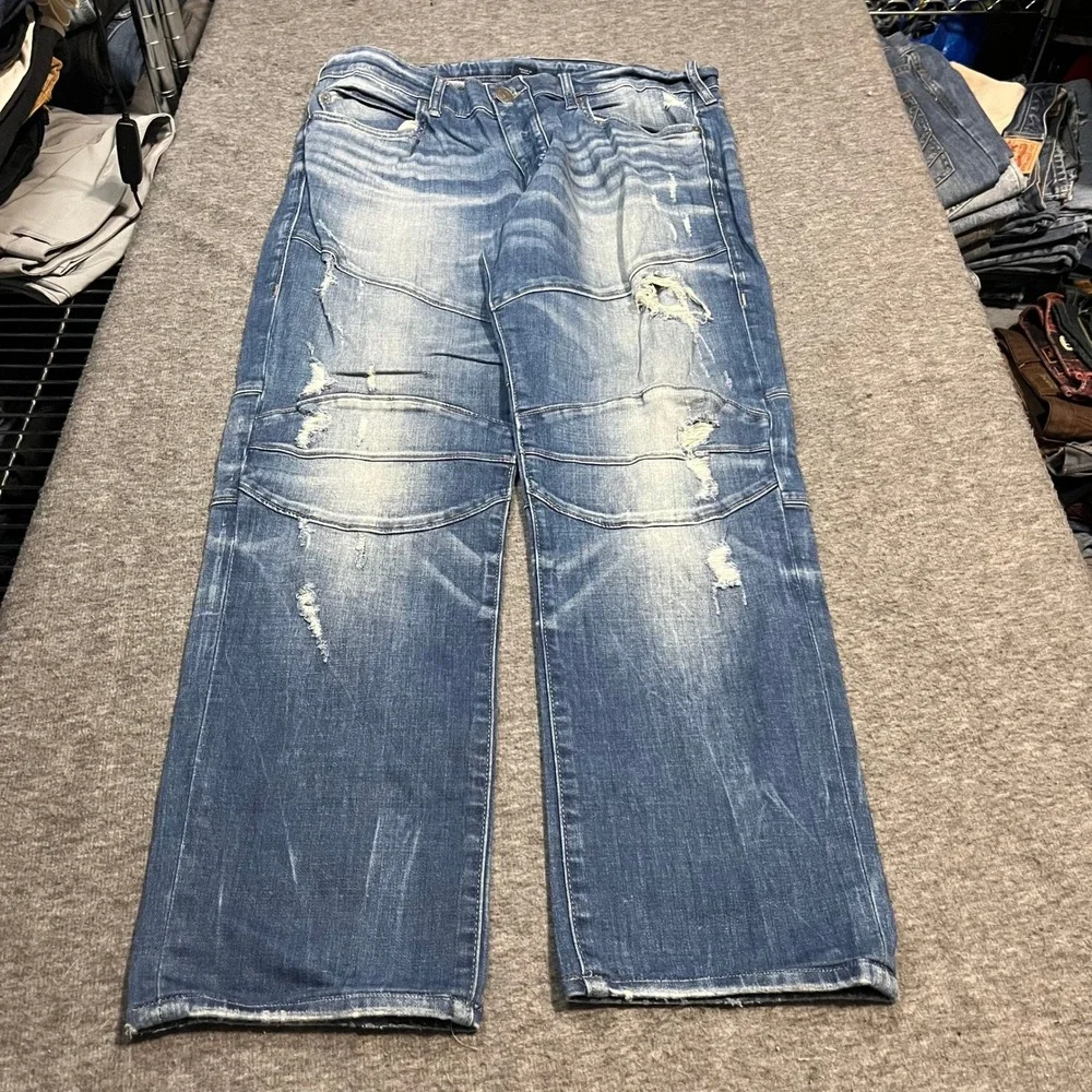 True Religion Mens Distressed Moto Straight Leg Jeans Blue 33x28